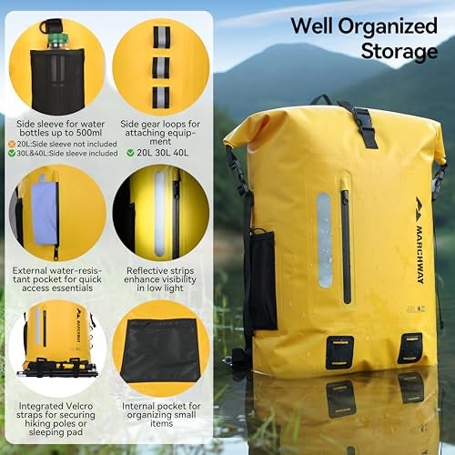 MARCHWAY Roll Top Waterproof Backpack, Floating Dry Bag 20L/30L/45L with Ergonomic Rectangular Base, Cushioned Back, Hip Strap for Hiking Camping Kayaking Travel (Yellow, 20L) - Image 2
