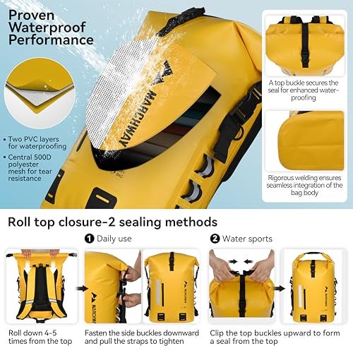 MARCHWAY Roll Top Waterproof Backpack, Floating Dry Bag 20L/30L/45L with Ergonomic Rectangular Base, Cushioned Back, Hip Strap for Hiking Camping Kayaking Travel (Yellow, 20L) - Image 4