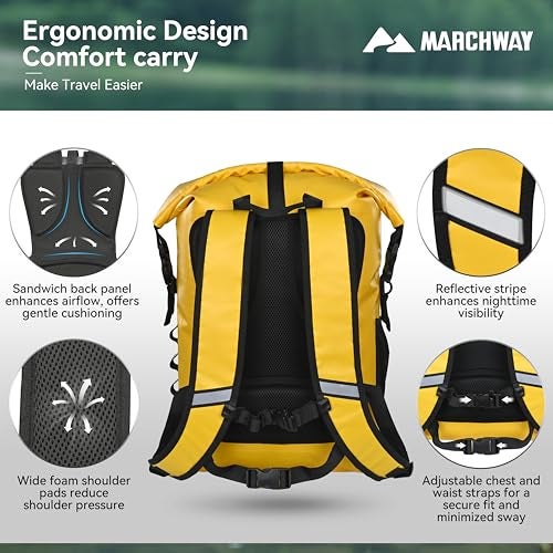 MARCHWAY Roll Top Waterproof Backpack, Floating Dry Bag 20L/30L/45L with Ergonomic Rectangular Base, Cushioned Back, Hip Strap for Hiking Camping Kayaking Travel (Yellow, 20L) - Image 3