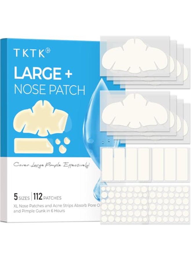 TKTK Hydrocolloid Nose Patches XL Nose Pore Strips 91 x 48 mm Large Hydrocolloid Acne Pimple Patches for Face Cover Zit Blemishes Absorb Oil Nose Contoured Strip Dots 5 Sizes 112 Count - Image 1