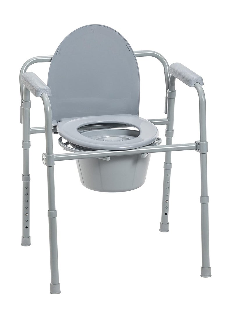 Drive Medical Drive Medical 11148-1 Folding Steel Bedside Commode Chair, Portable Toilet, Supports Bariatric Individuals Weighing Up To 350 Lbs, with 7.5 Qt. Bucket and 13.5 Inch Seat, Grey  - Image 1