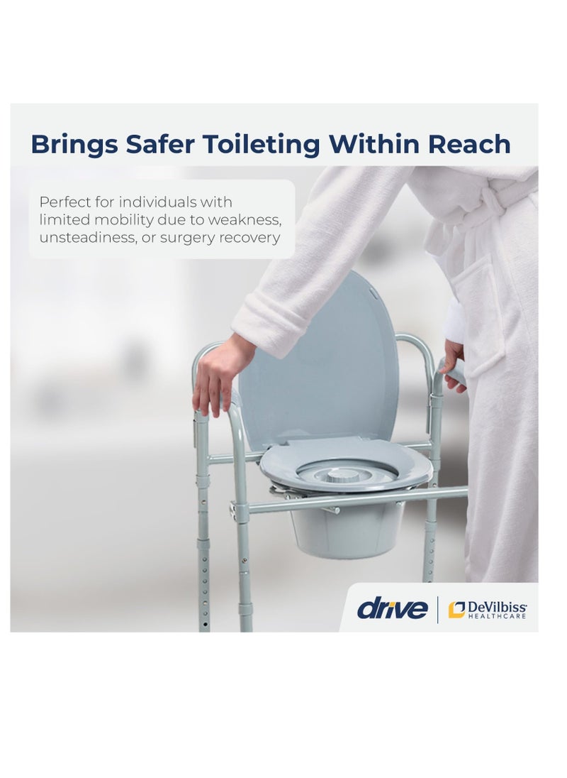 Drive Medical Drive Medical 11148-1 Folding Steel Bedside Commode Chair, Portable Toilet, Supports Bariatric Individuals Weighing Up To 350 Lbs, with 7.5 Qt. Bucket and 13.5 Inch Seat, Grey  - Image 2