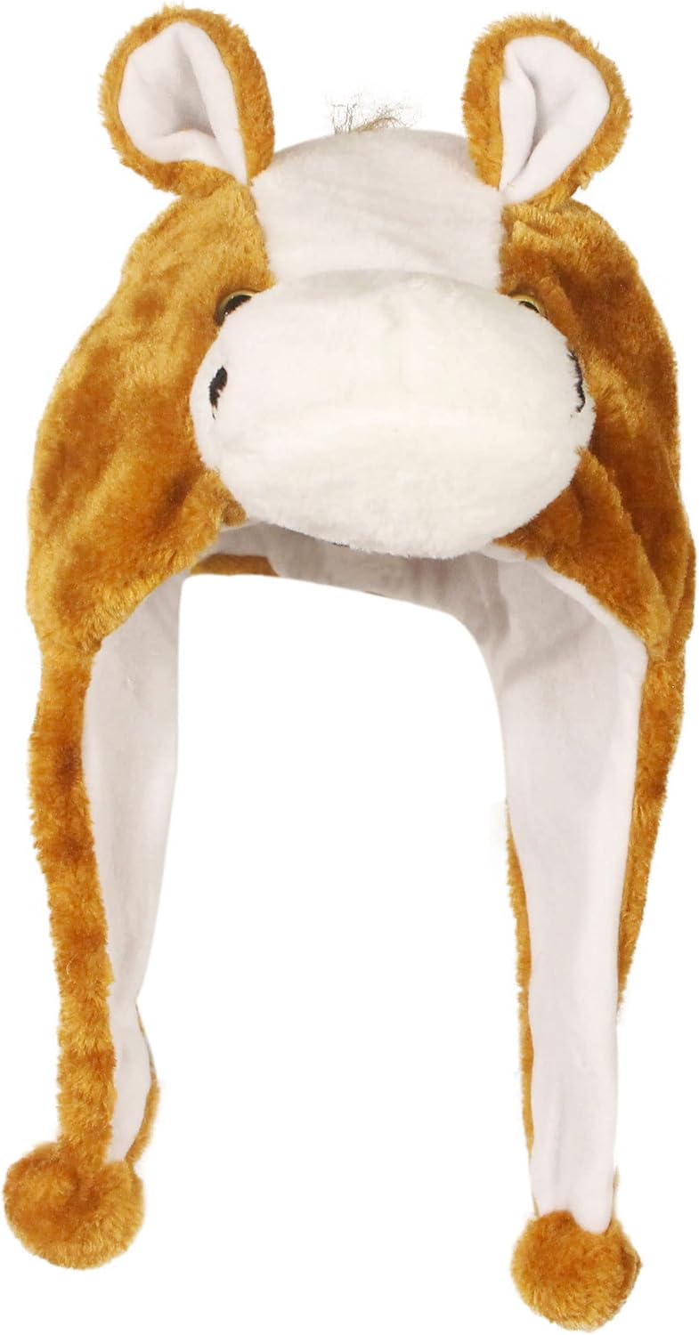 Timiot Cute Plush Animal Character Winter Hat Fun Ski Cap with Detailed Animal Face Long Ear Straps with Pom Pom Ends - Image 1