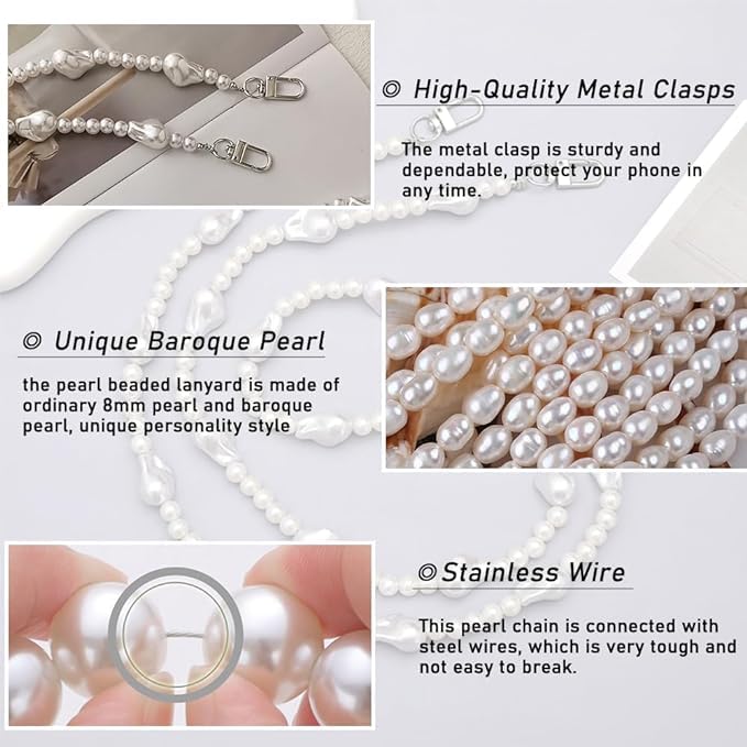 KHOLAD Phone Pearl Lanyard Phone Crossbody Strap, Baroque Pearl Beaded Phone Charm with Tether Tab, Hands-Free Shoulder Strap Compatible with Most Phones for Women - Image 3