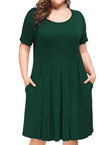 Tralilbee Women's Short Sleeve Pleated Loose Swing Casual Dress with Pockets Knee Length Dark Green 2XL - Image 2