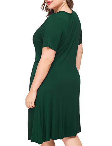 Tralilbee Women's Short Sleeve Pleated Loose Swing Casual Dress with Pockets Knee Length Dark Green 2XL - Image 4