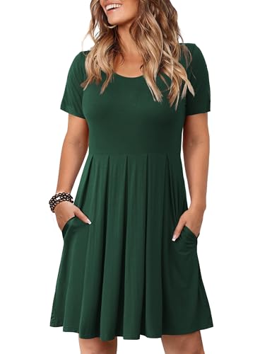 Tralilbee Women's Short Sleeve Pleated Loose Swing Casual Dress with Pockets Knee Length Dark Green 2XL - Image 5