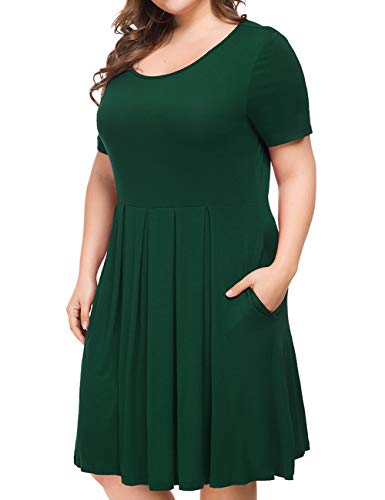 Tralilbee Women's Short Sleeve Pleated Loose Swing Casual Dress with Pockets Knee Length Dark Green 2XL - Image 3