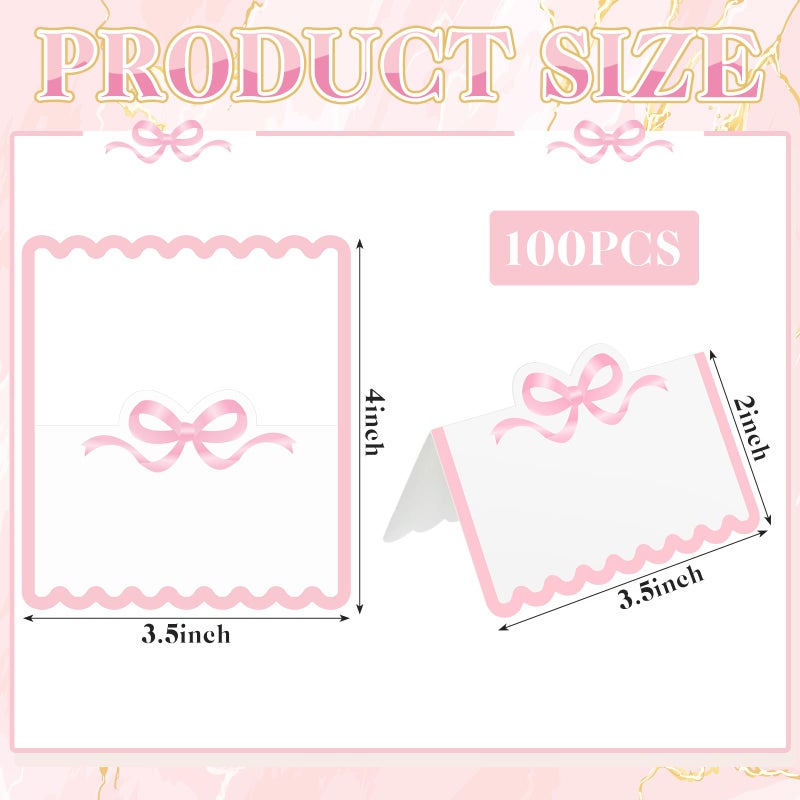 Eersida 100 Pcs Pink Bow Place Cards 2 x 3.5 Inch Cute Scalloped Knot Tent Name Cardstock Blank Greeting Placecard Seat Assignment Label Card for Coquette Birthday Party Wedding Setting - Image 2