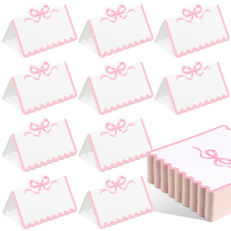 Eersida 100 Pcs Pink Bow Place Cards 2 x 3.5 Inch Cute Scalloped Knot Tent Name Cardstock Blank Greeting Placecard Seat Assignment Label Card for Coquette Birthday Party Wedding Setting - Image 1