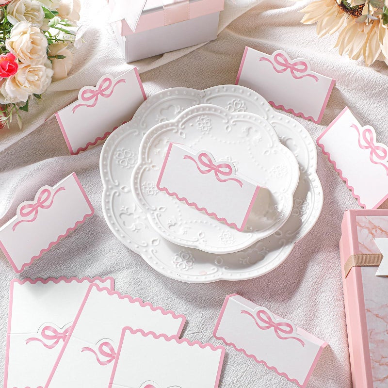 Eersida 100 Pcs Pink Bow Place Cards 2 x 3.5 Inch Cute Scalloped Knot Tent Name Cardstock Blank Greeting Placecard Seat Assignment Label Card for Coquette Birthday Party Wedding Setting - Image 3