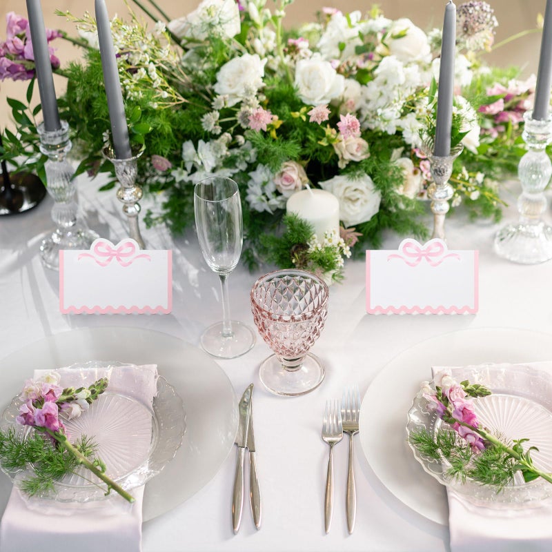 Eersida 100 Pcs Pink Bow Place Cards 2 x 3.5 Inch Cute Scalloped Knot Tent Name Cardstock Blank Greeting Placecard Seat Assignment Label Card for Coquette Birthday Party Wedding Setting - Image 5