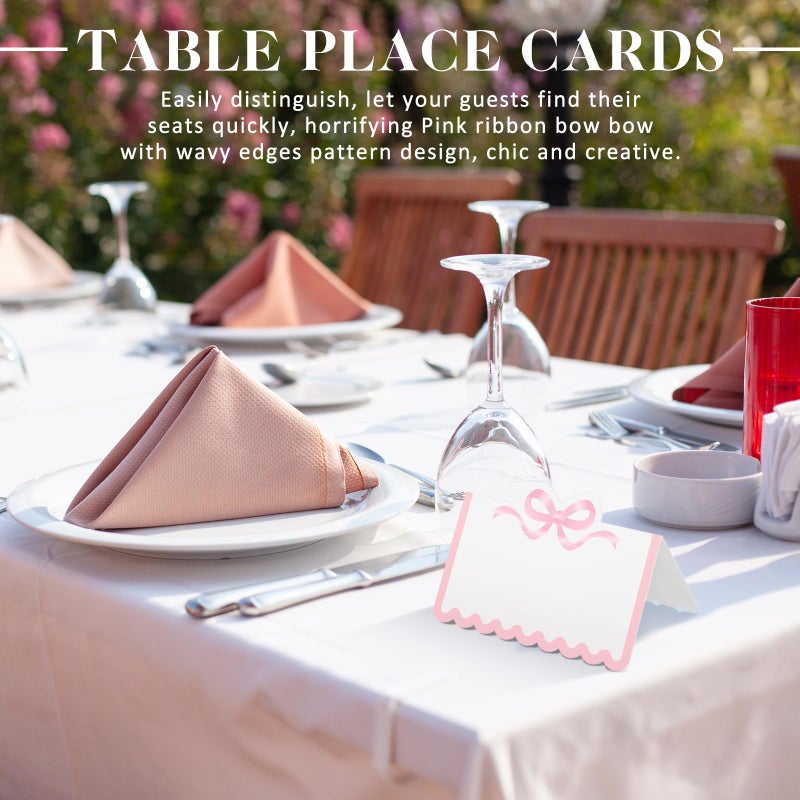 Eersida 100 Pcs Pink Bow Place Cards 2 x 3.5 Inch Cute Scalloped Knot Tent Name Cardstock Blank Greeting Placecard Seat Assignment Label Card for Coquette Birthday Party Wedding Setting - Image 4