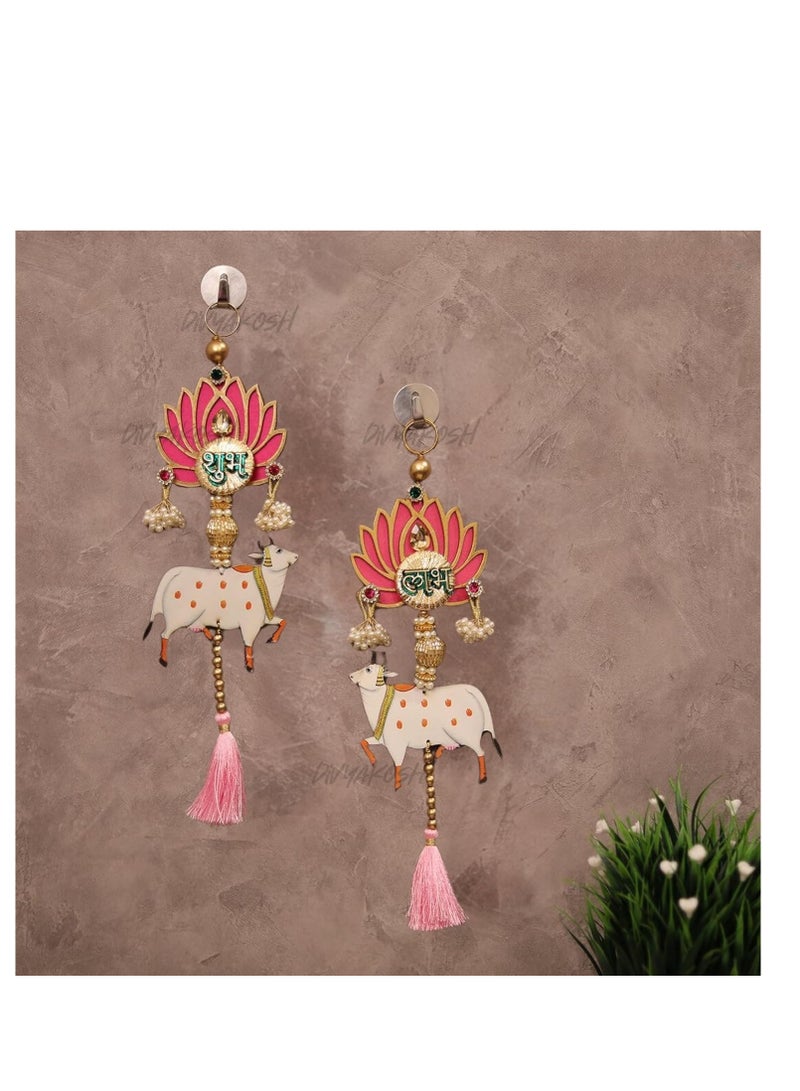 Decorating Diva Divyakosh handmade lotus with cow and pink tassel style hanging for decoration one pair, 14 Inch each  - Image 2