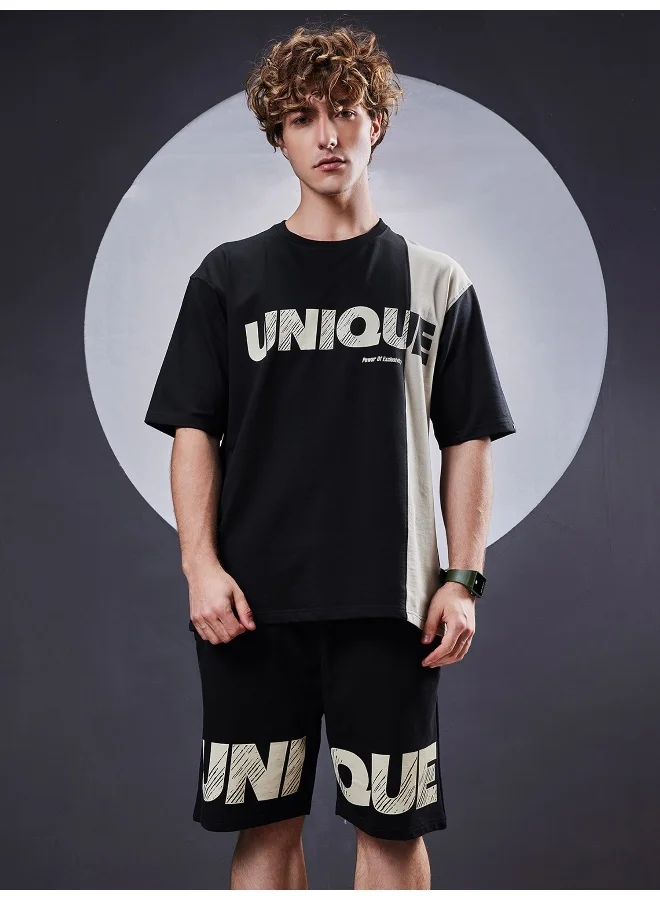 مانياك بدلة رياضية قطنية رجالية فريدة بطبعة دائرية ورقبة نصف كم باللونين الأسود والبسكويت