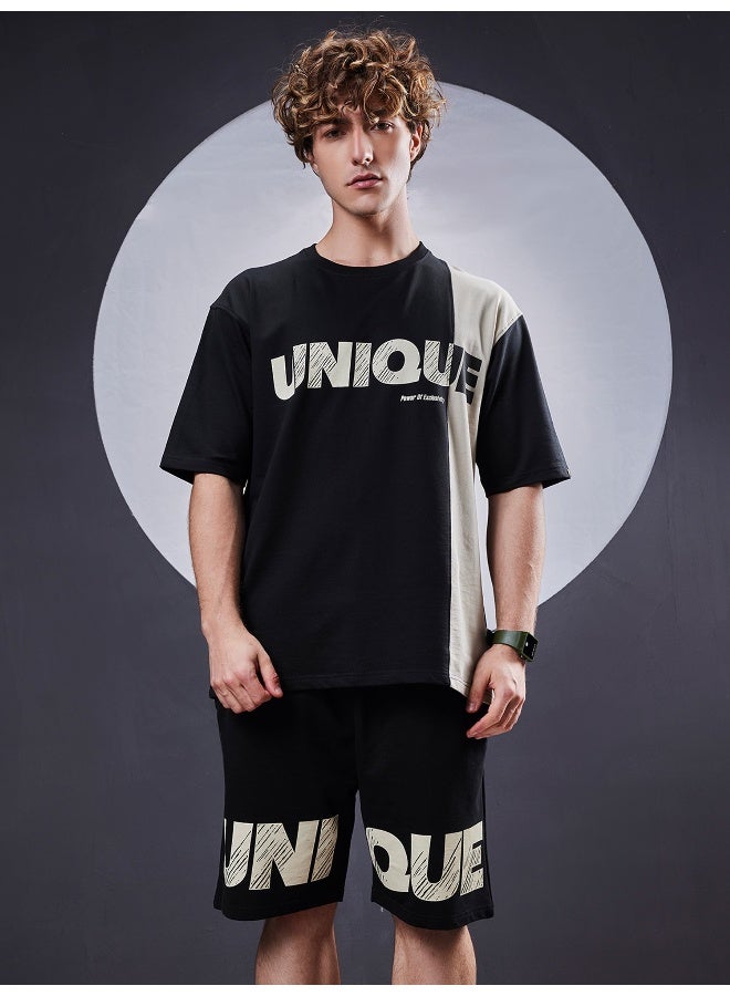 Maniac Mens Unique Printed Round Neck Half Sleeve Black and Biscuit Cotton Tracksuit  - Image 1