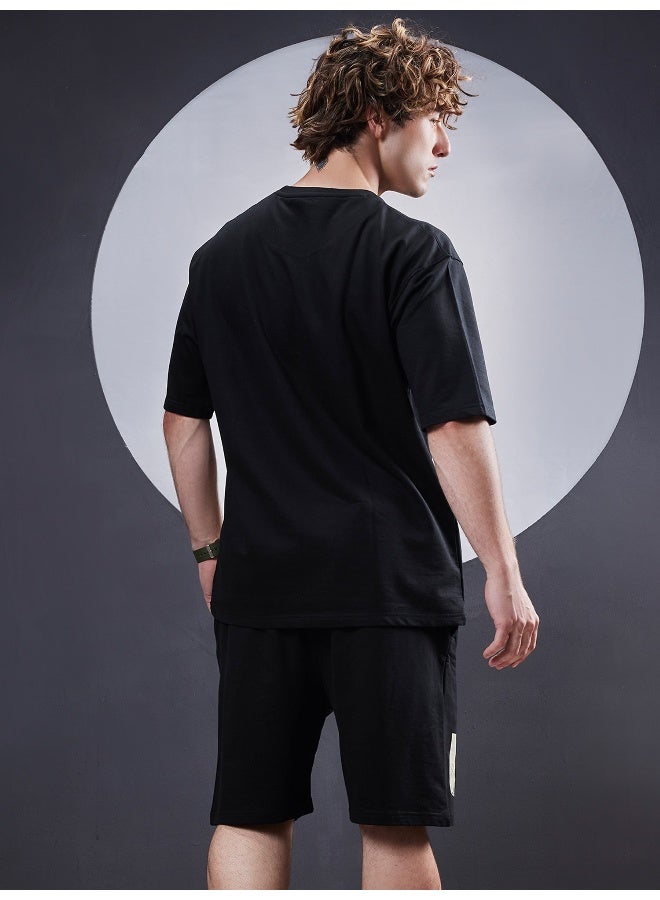 Maniac Mens Unique Printed Round Neck Half Sleeve Black and Biscuit Cotton Tracksuit  - Image 4