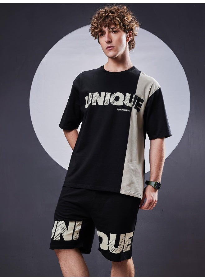 Maniac Mens Unique Printed Round Neck Half Sleeve Black and Biscuit Cotton Tracksuit  - Image 5