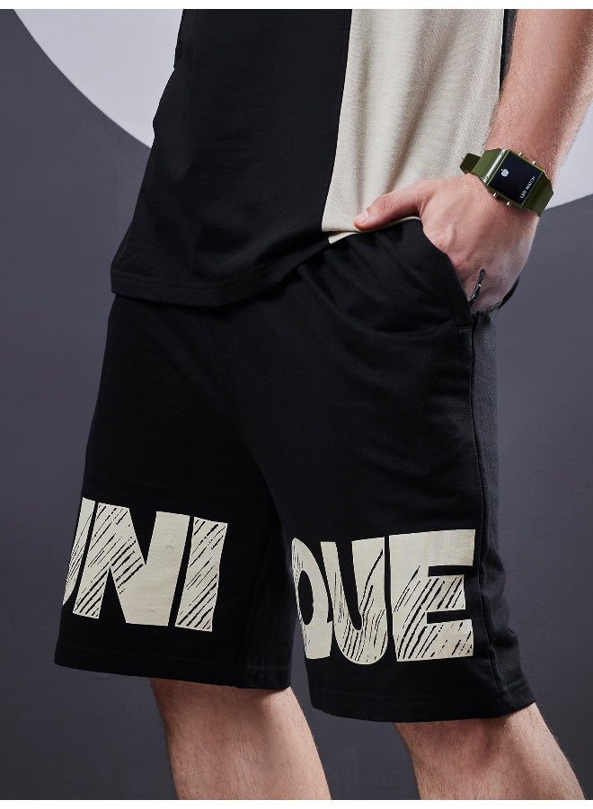 Maniac Mens Unique Printed Round Neck Half Sleeve Black and Biscuit Cotton Tracksuit  - Image 3