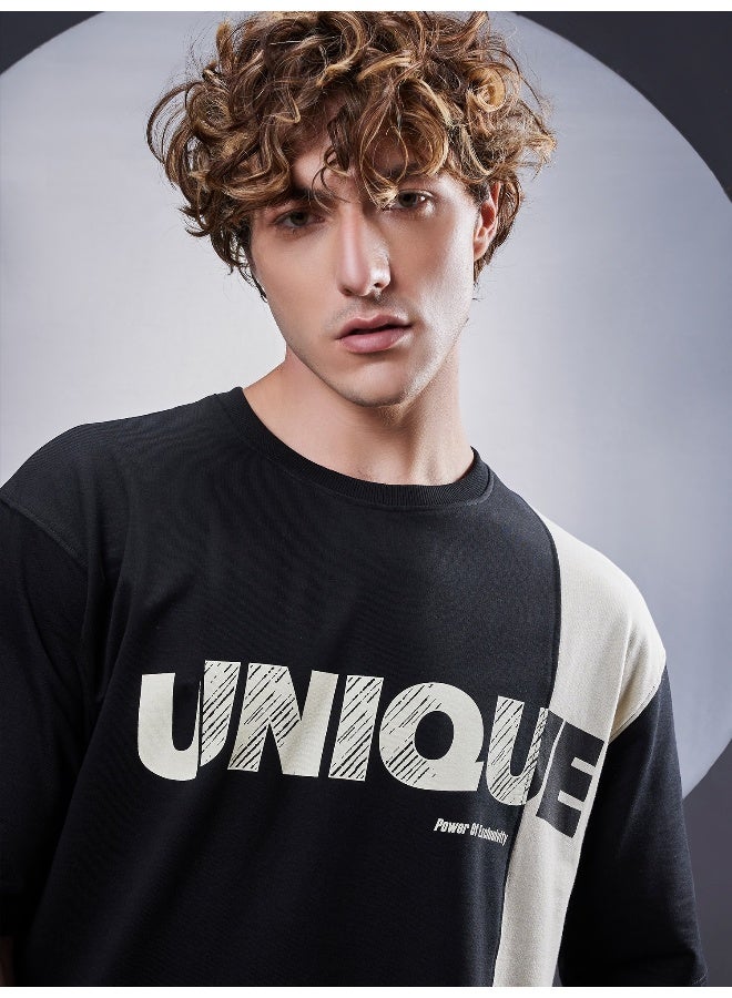 Maniac Mens Unique Printed Round Neck Half Sleeve Black and Biscuit Cotton Tracksuit  - Image 2