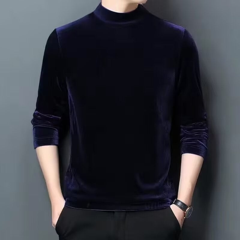 New Style Mens Fleece-Lined Long Sleeve Sweatshirt Warm Base Layer Top Half Polo/Turtle Neck Pullover Soft T-Shirt Navy blue 