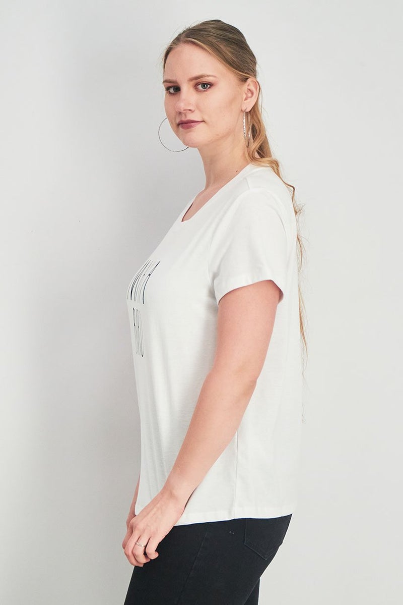 Rae Dunn Women Round Neck Short Sleeves Graphic Print Tee, White - Image 2