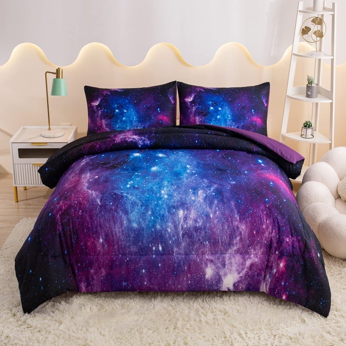 GALAXY BEDDING SPACE COMFORTER FOR BOYS GIRLS PURPLE TWIN COMFORTER SET KIDS COMFORTER SET WITH PILLOWCASE