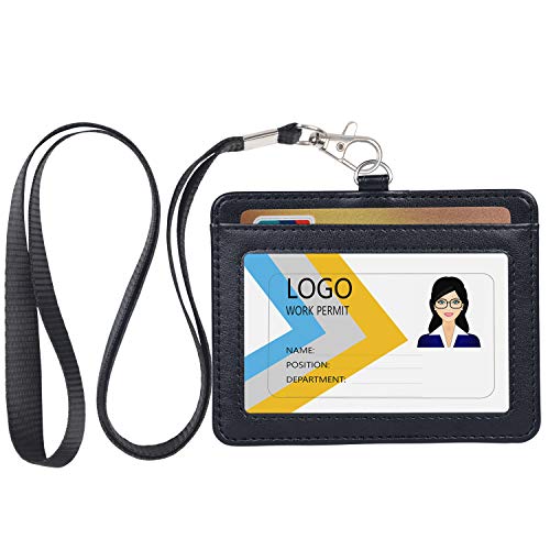 Teskyer Badge Holder with Lanyard, Leather ID Name Badge Card Holder with Lanyard for ID Badges, Horizontal Black - Image 1