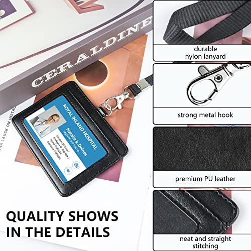 Teskyer Badge Holder with Lanyard, Leather ID Name Badge Card Holder with Lanyard for ID Badges, Horizontal Black - Image 3