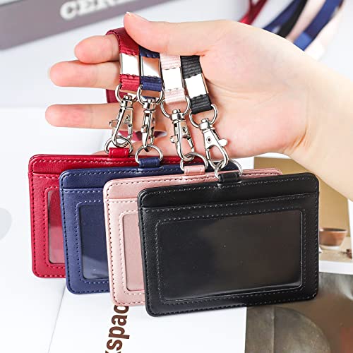 Teskyer Badge Holder with Lanyard, Leather ID Name Badge Card Holder with Lanyard for ID Badges, Horizontal Black - Image 2