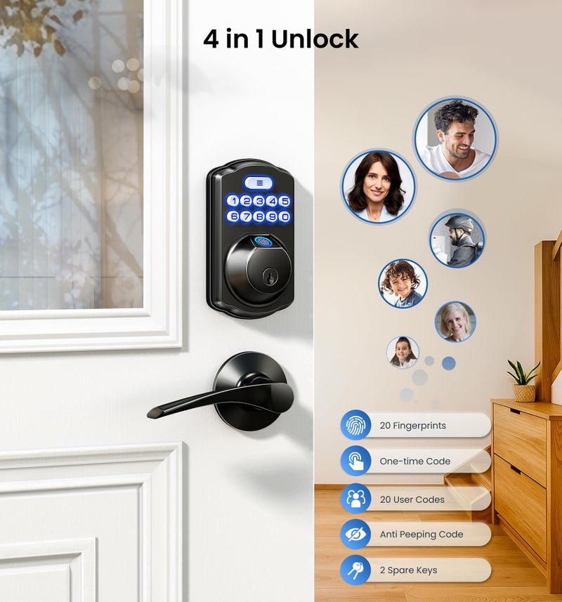 Veise KS02A Fingerprint Keyless Entry Door Lock, Auto Lock, Electronic Keypad Deadbolt for Front Door, Biometric, Anti-Peeping Password, Easy Install, Matte Black - Image 3