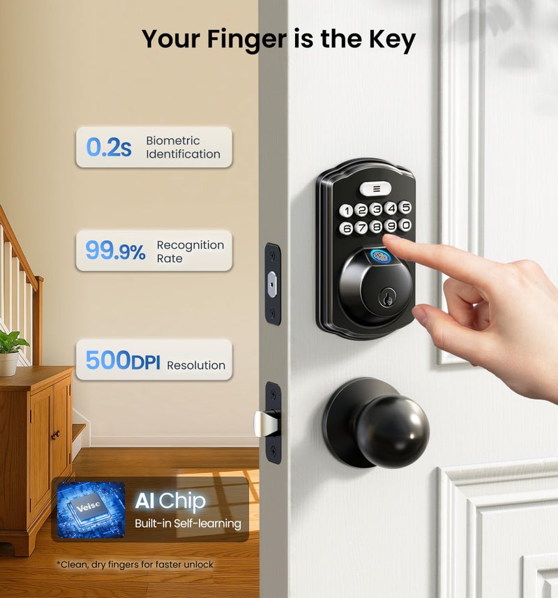 Veise KS02A Fingerprint Keyless Entry Door Lock, Auto Lock, Electronic Keypad Deadbolt for Front Door, Biometric, Anti-Peeping Password, Easy Install, Matte Black - Image 2