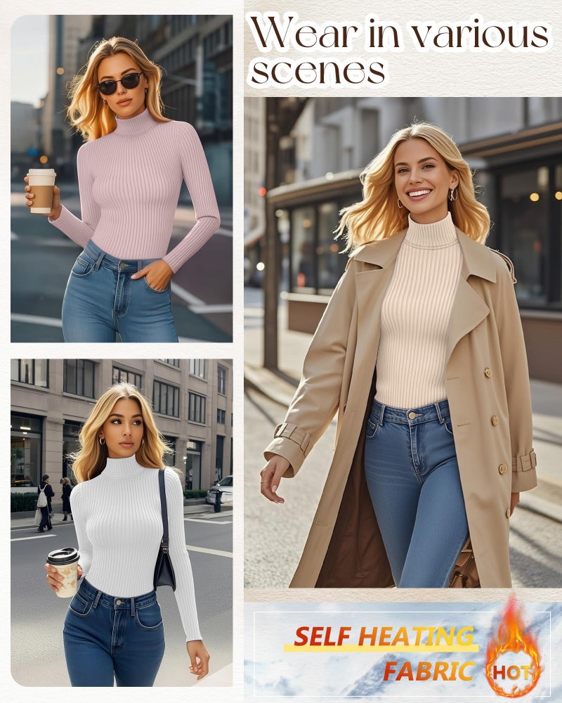 Ficerd 3 Pack Women's Ribbed Thermal Turtleneck Tops Long Sleeve Stretch Shirts Knitted Fitted Lightweight Base Layer(Medium,Lotus Pink, Apricot, White) - Image 3