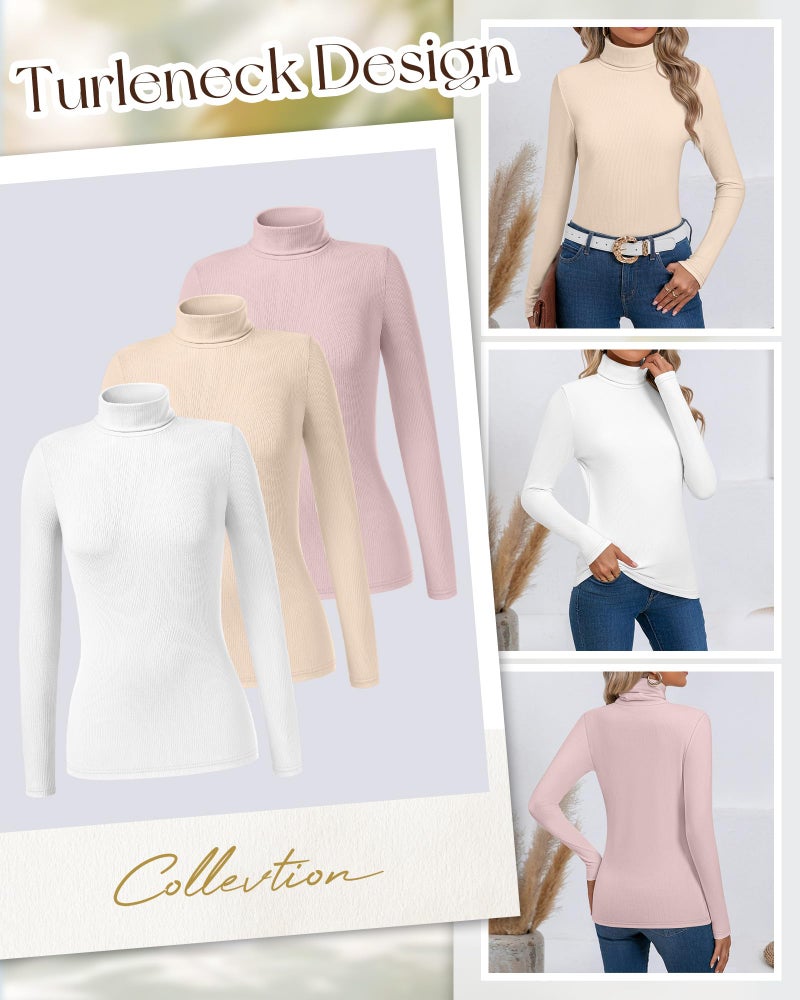 Ficerd 3 Pack Women's Ribbed Thermal Turtleneck Tops Long Sleeve Stretch Shirts Knitted Fitted Lightweight Base Layer(Medium,Lotus Pink, Apricot, White) - Image 2
