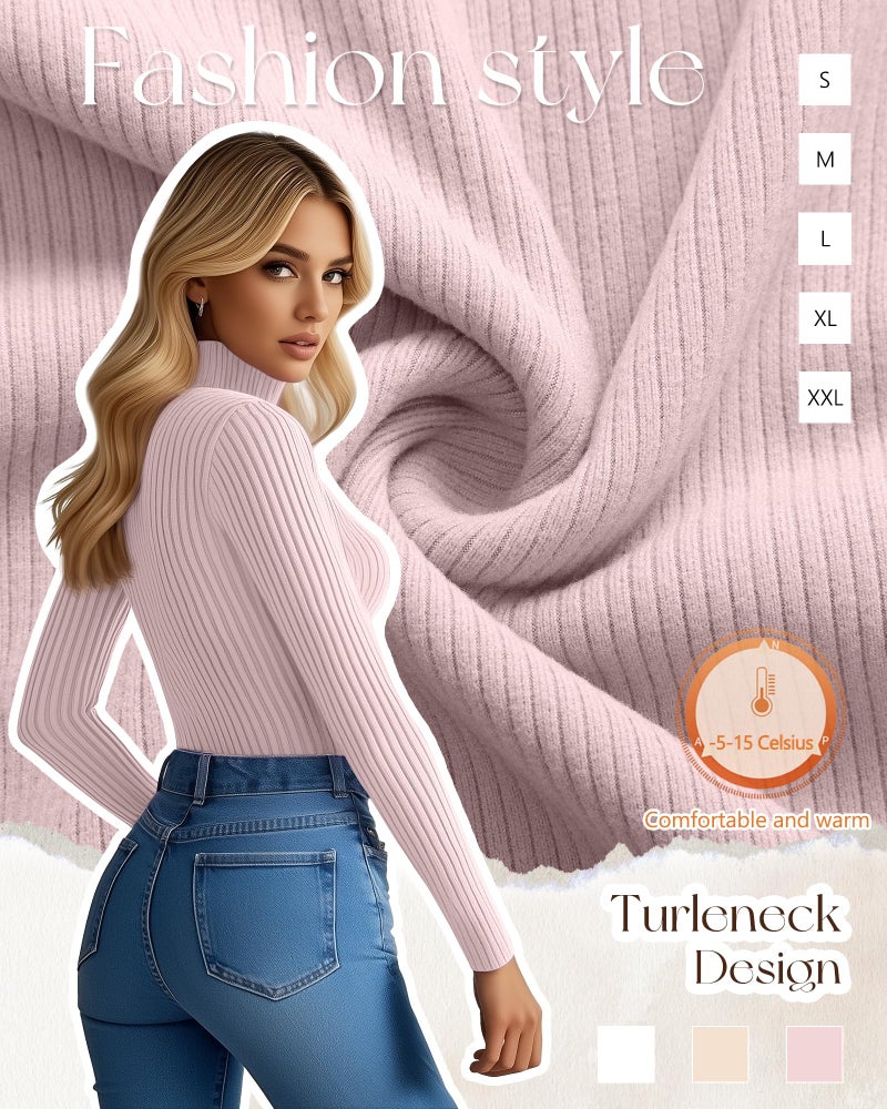 Ficerd 3 Pack Women's Ribbed Thermal Turtleneck Tops Long Sleeve Stretch Shirts Knitted Fitted Lightweight Base Layer(Medium,Lotus Pink, Apricot, White) - Image 4