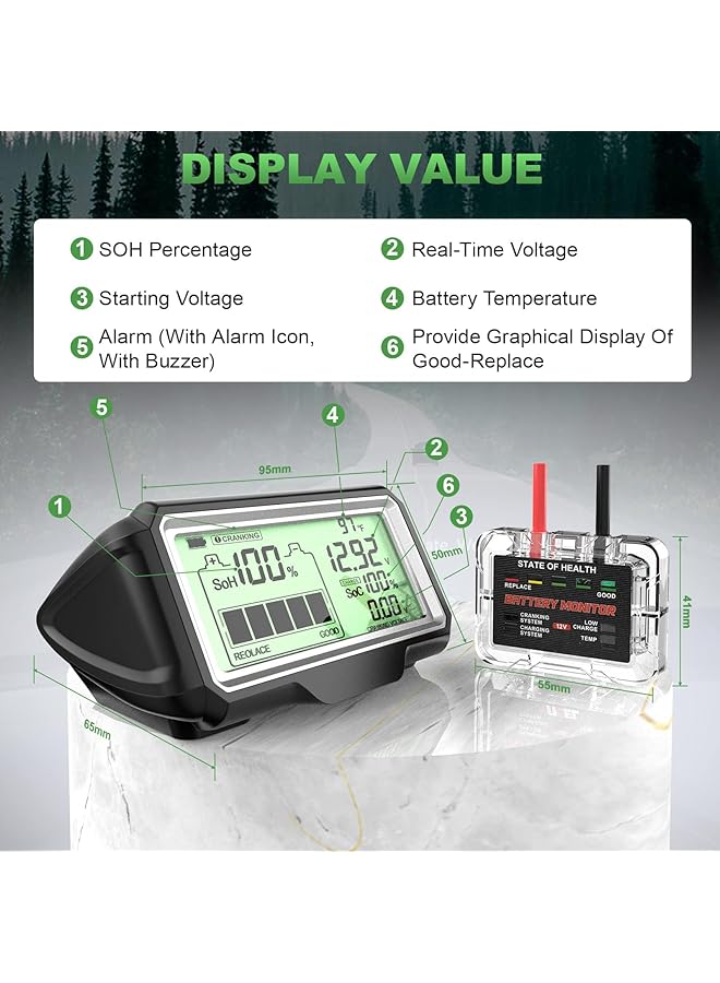 Excefore 12V Car Battery Status Tester - Battery Monitor, 433Mhz Wireless Radio Frequency Automotive Load Tester With Charging & Cranking Test & Alarm Function For Motorcycle Car Rv Truck Atv Suv Marine Etc - Image 3