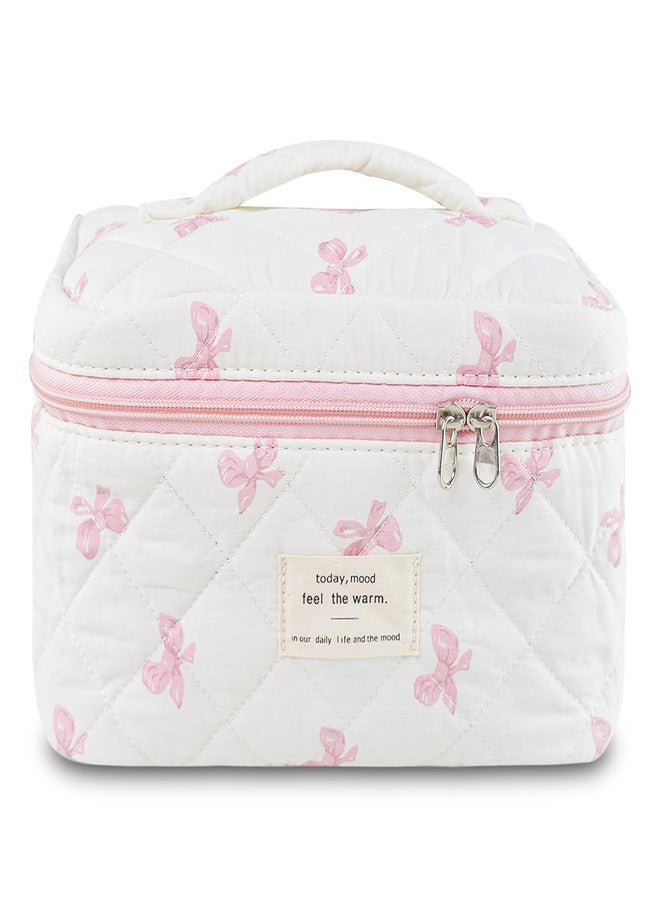 GISMTR Makeup Bag, Quilted Bow Cosmetic Bag, Large Travel Aesthetic Make up Bag, Cute Coquette Toiletry Bag for Women Girls, Bow A-pink - Image 1