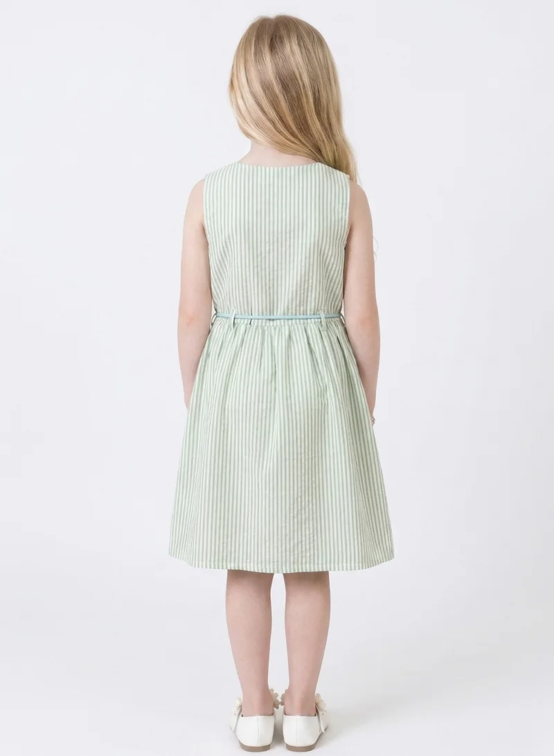 بيبي كلو Girls Green Striped Sleeveless Dress with Belt