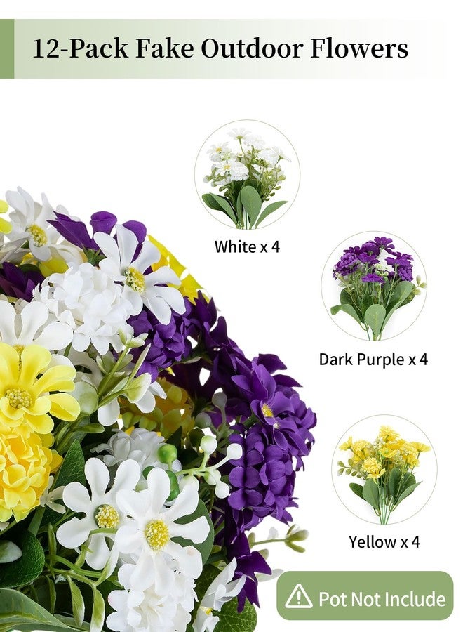 BLOSMON Artificial Flowers for Outdoors Porch: 12 Pcs Fake Flower for Front Door Planters Urns Decorations - UV Resistant Faux Silk Flowers Plant for Garden Window Yard (White Purple Yellow) - Image 3
