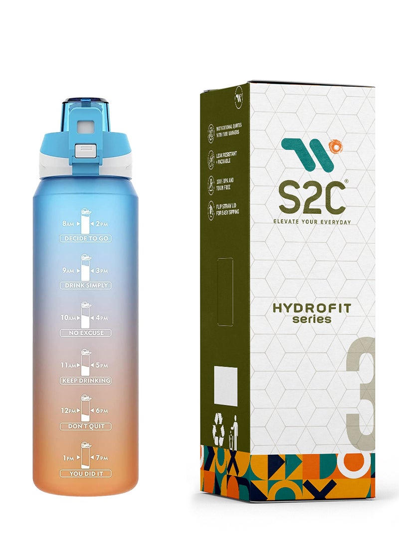 S2C Motivational Water Bottle 1L Water Bottle For Kids School Water Bottles With Straw Leak Proof Water Bottle With Time Marker For Sport, School, Gym, Office (Gradient Blue) - Image 1