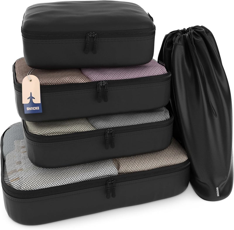 Shacke 5 Set/8 Set Packing Cubes - Travel Organizers with Laundry Bag, 5 Set - Air Black, Set of 5 | Suitcase organizer bags set: 4 water-resistant luggage cubes, XL to Small, + laundry bag for carry-on or checked - Image 1