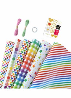 KASTWAVE Birthday Wrapping Paper, Gift Wrapping Paper, 6 Sheets Dot Stripe Star Grid Art Tissue Paper with Gift Wrap Set for Birthday, Bridal Baby Shower, Weddings, Graduations, Women, Boy, Girl, All Occasion  - Image 1