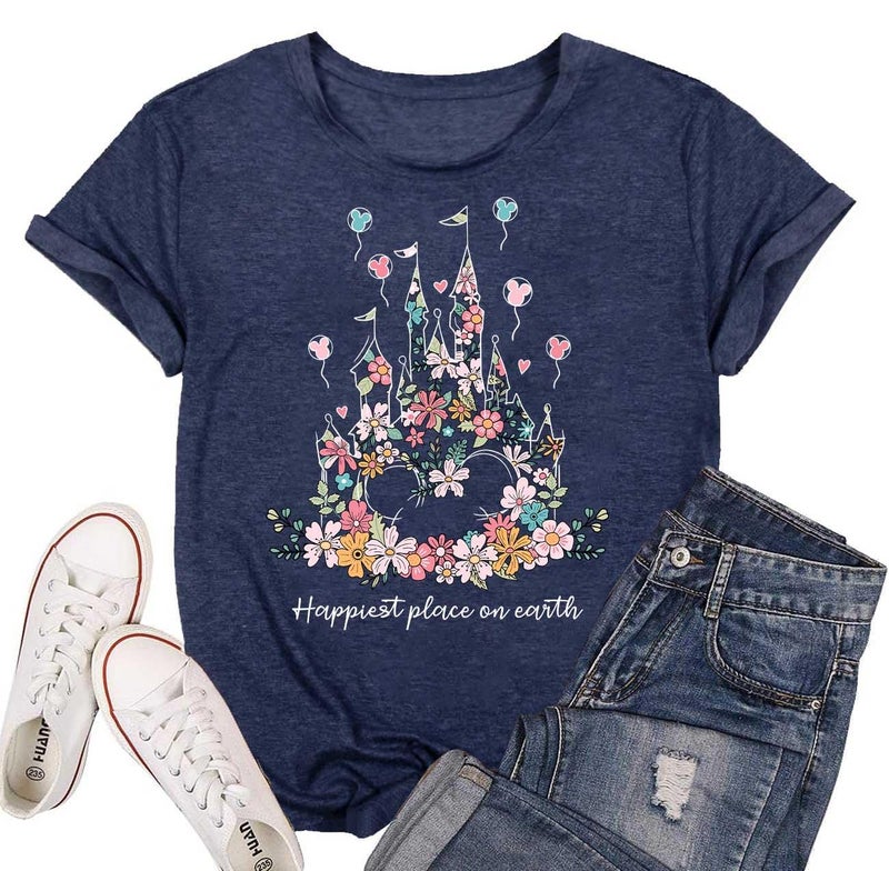 Frizty Magical Shirt for Women Happiest Place On Earth T-Shirt Balloon Flower Graphic Short Sleeve Tops Holiday Tee - Image 1