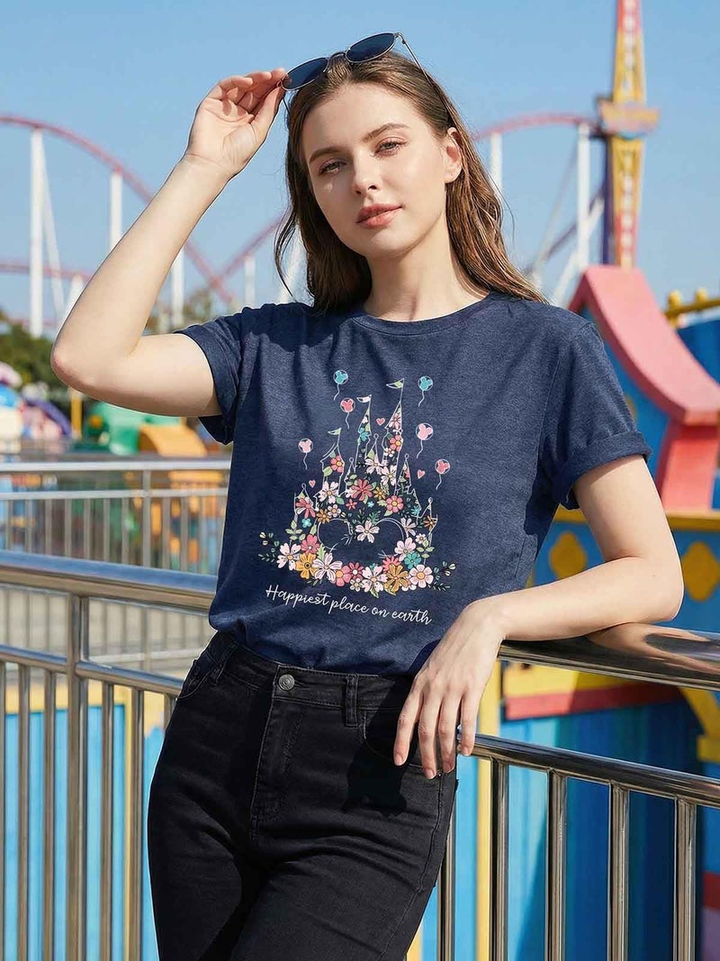 Frizty Magical Shirt for Women Happiest Place On Earth T-Shirt Balloon Flower Graphic Short Sleeve Tops Holiday Tee - Image 2