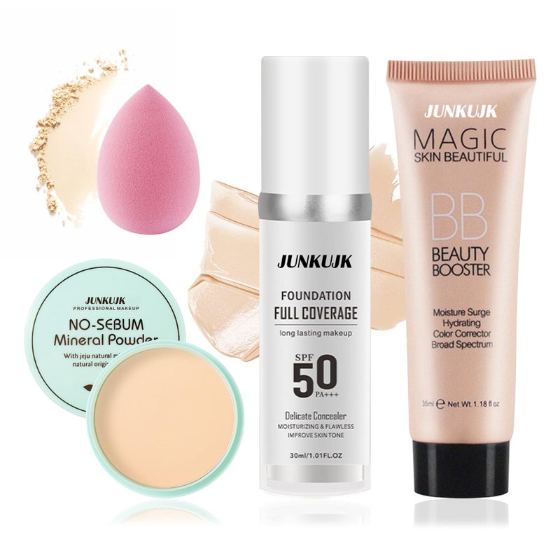 Color Changing Full Coverage Liquid Foundation Makeup Gift SetMoisturizing BB Cream for WomenFlawless Loose Setting Powder Face Primer Base Makeup Kit With Make up Sponge