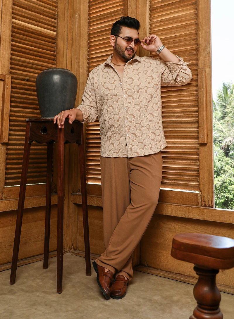 Instafab Plus Instafab Plus Men's Camel Beige Rose-Tactile Shirt For Casual Wear | Spread Collar | Long Cuffed Sleeves | Button Closure | Plus Size Shirt Crafted With Comfort Fit For Everyday Wear