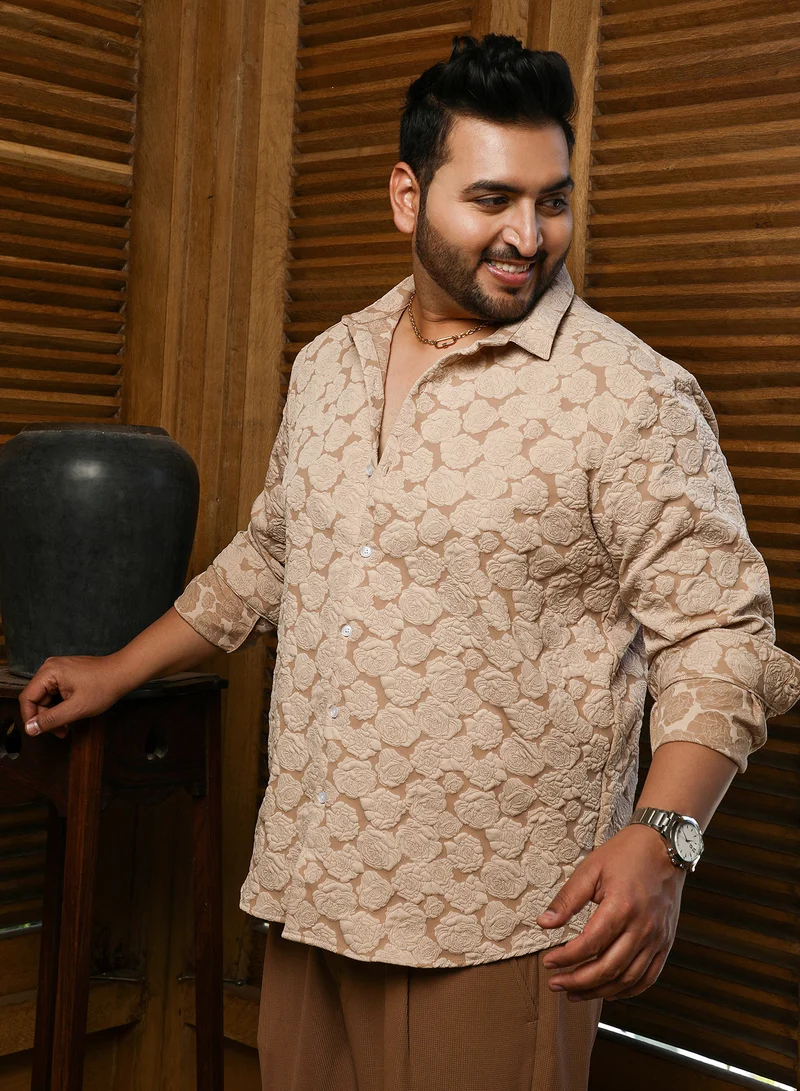 Instafab Plus Instafab Plus Men's Camel Beige Rose-Tactile Shirt For Casual Wear | Spread Collar | Long Cuffed Sleeves | Button Closure | Plus Size Shirt Crafted With Comfort Fit For Everyday Wear