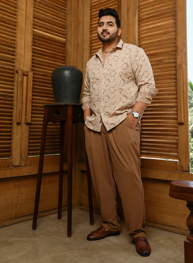 Instafab Plus Instafab Plus Men's Camel Beige Rose-Tactile Shirt For Casual Wear | Spread Collar | Long Cuffed Sleeves | Button Closure | Plus Size Shirt Crafted With Comfort Fit For Everyday Wear