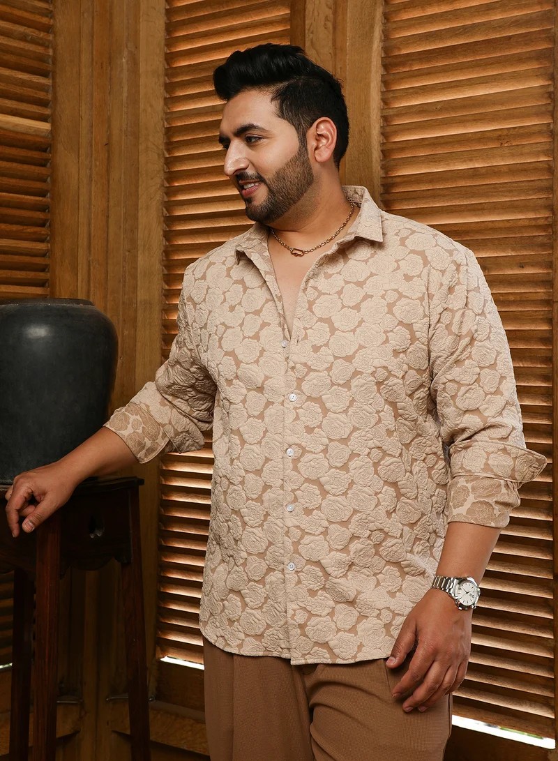Instafab Plus Instafab Plus Men's Camel Beige Rose-Tactile Shirt For Casual Wear | Spread Collar | Long Cuffed Sleeves | Button Closure | Plus Size Shirt Crafted With Comfort Fit For Everyday Wear