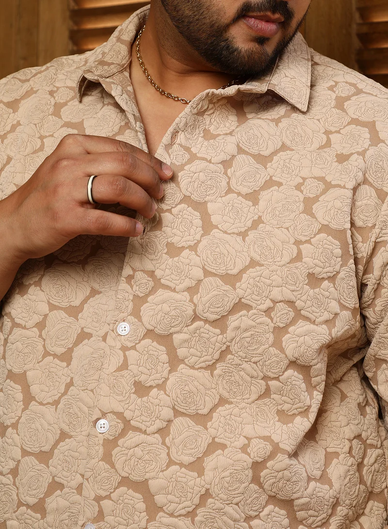 Instafab Plus Instafab Plus Men's Camel Beige Rose-Tactile Shirt For Casual Wear | Spread Collar | Long Cuffed Sleeves | Button Closure | Plus Size Shirt Crafted With Comfort Fit For Everyday Wear